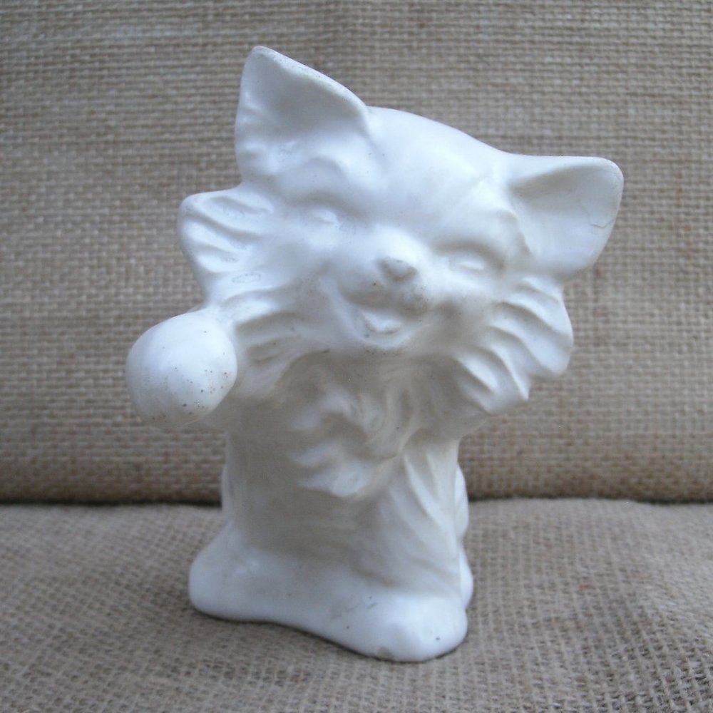 Vintage White Pottery Playing Cat Kitten Figurine